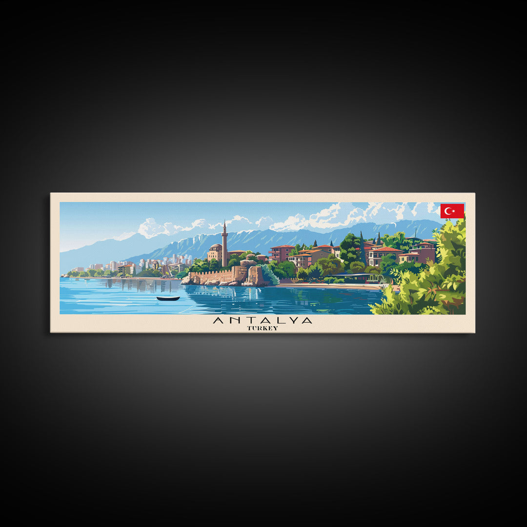 Antalya Turkey Panoramic Travel Poster, Framed Canvas Print or Metal Wall Art, Travel Art, Home Decor, Panoramic Painting, Midcentury Art