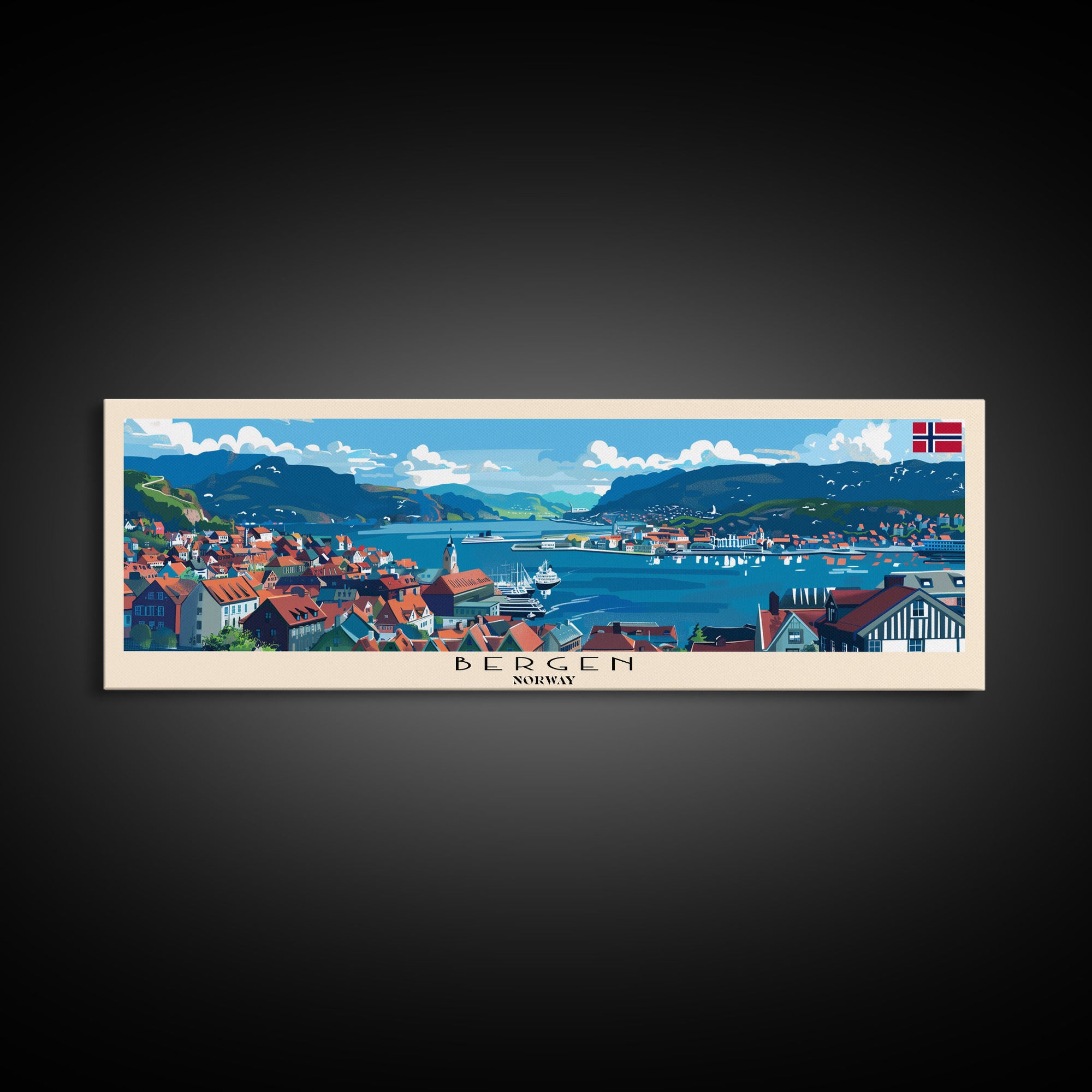 Bergen Norway Wall Art, Panoramic Travel Poster, Panoramic Framed Canvas Print, City Wall Art, Wall Hanging Home Decor, Travel Art