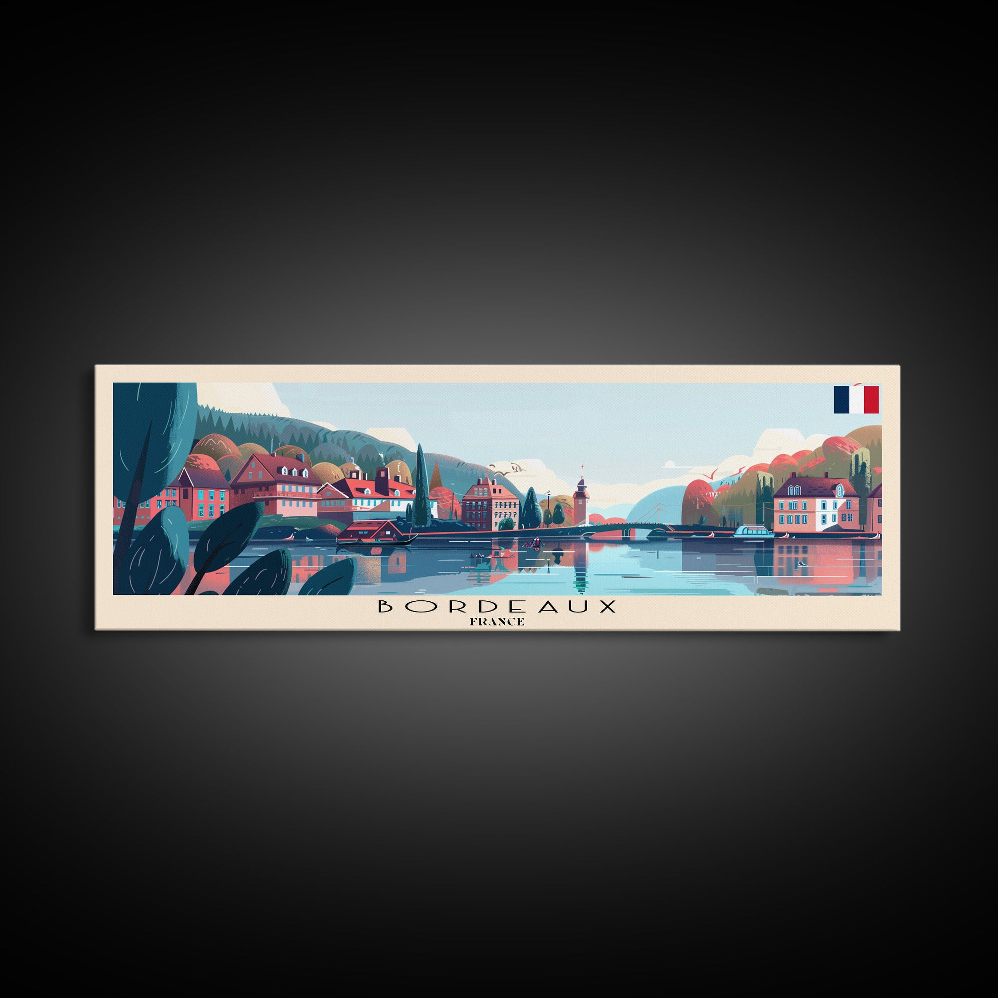 Bordeaux France Panoramic Travel Poster, Framed Canvas Print or Metal Wall Art, Travel Art, Home Decor, Panoramic Painting, Midcentury Art