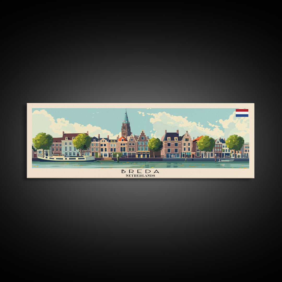 Breda Netherlands Panoramic Travel Poster, Framed Canvas Print or Metal Wall Art, Travel Art, Home Decor, Panoramic Painting, Midcentury Art
