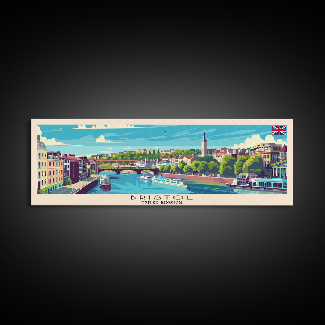 Bristol United Kingdom Panoramic Travel Poster, Framed Canvas Print or Metal Wall Art, Travel Art, Home Decor, Panoramic Painting, Midcentury Art