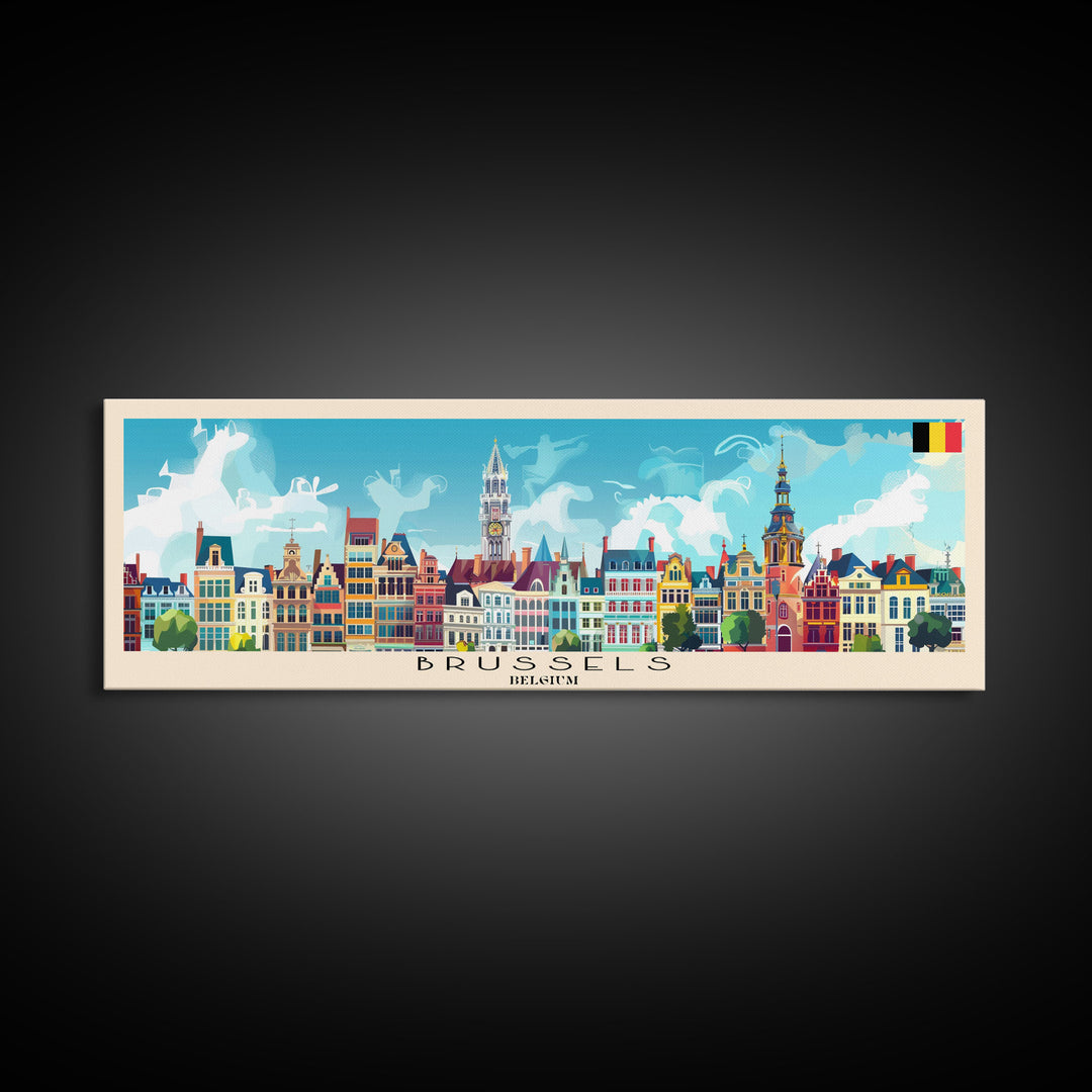 Brussels Belgium Panoramic Travel Poster, Framed Canvas Print or Metal Wall Art, Travel Art, Home Decor, Panoramic Painting, Midcentury Art