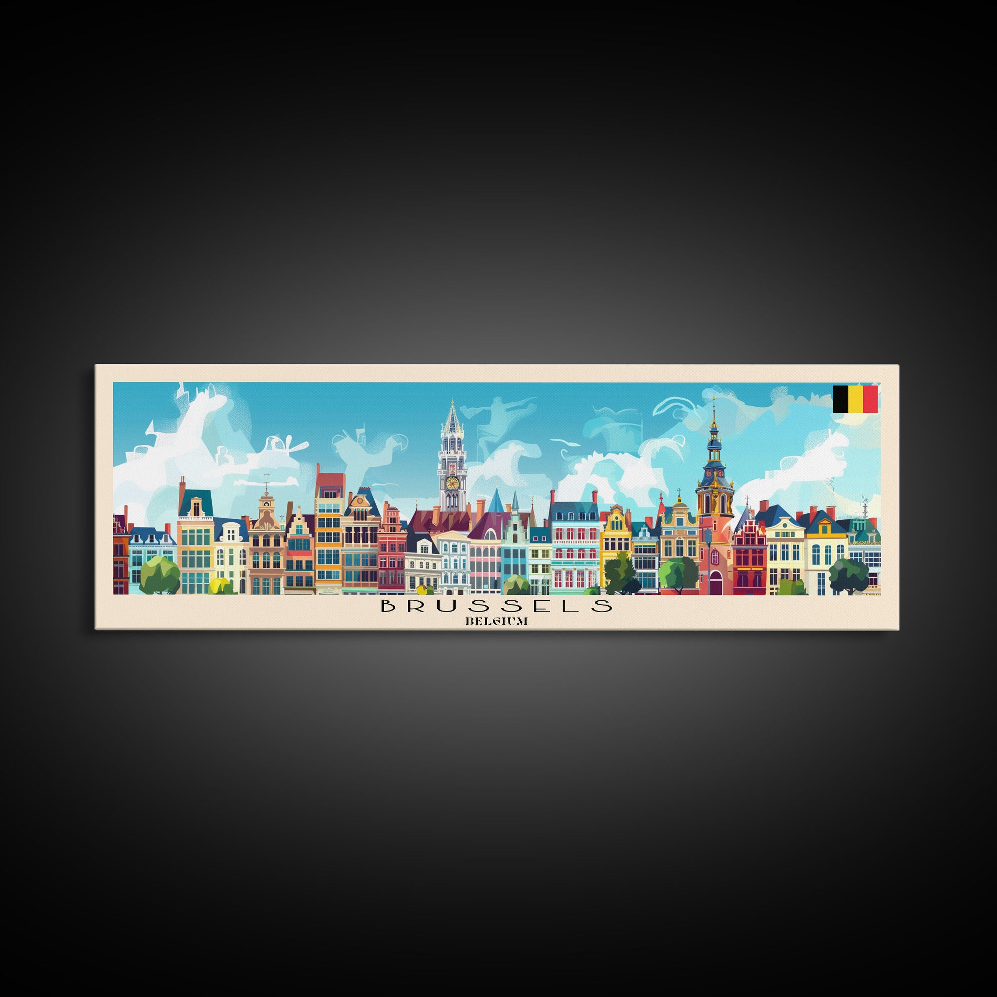 Brussels Belgium Panoramic Travel Poster, Framed Canvas Print or Metal Wall Art, Travel Art, Home Decor, Panoramic Painting, Midcentury Art