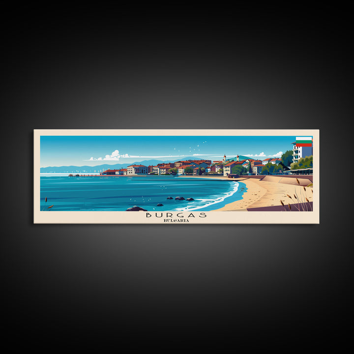 Burgas Bulgaria Panoramic Travel Poster, Framed Canvas Print or Metal Wall Art, Travel Art, Home Decor, Panoramic Painting, Midcentury Art