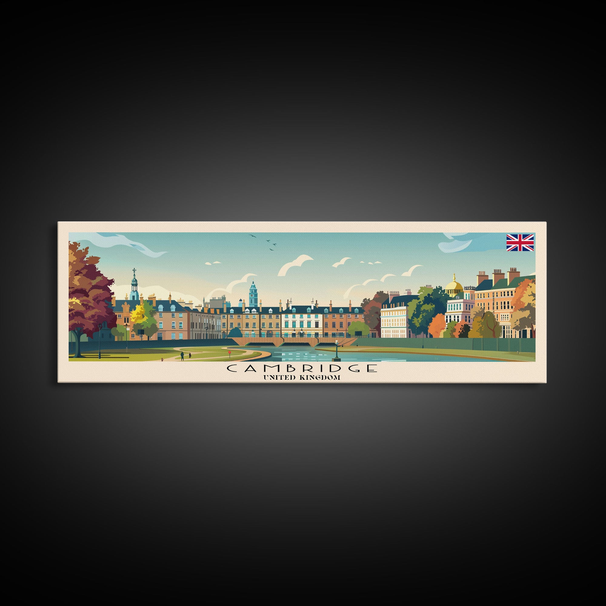 Cambridge United Kingdom Travel Print Wall Art, Panoramic City Art, Travel Art, Wall Decor, Vacation Gift, Framed Canvas Print Or Metal Art