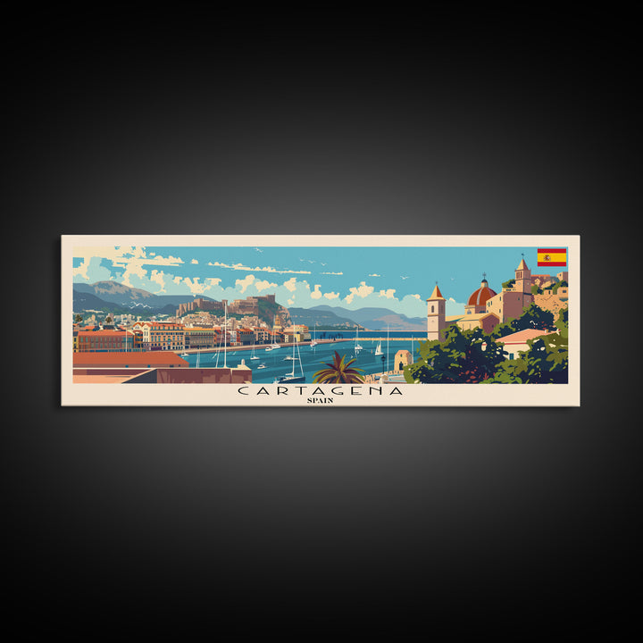 Cartagena Spain Panoramic Travel Poster, Framed Canvas Print or Metal Wall Art, Travel Art, Home Decor, Panoramic Painting, Midcentury Art