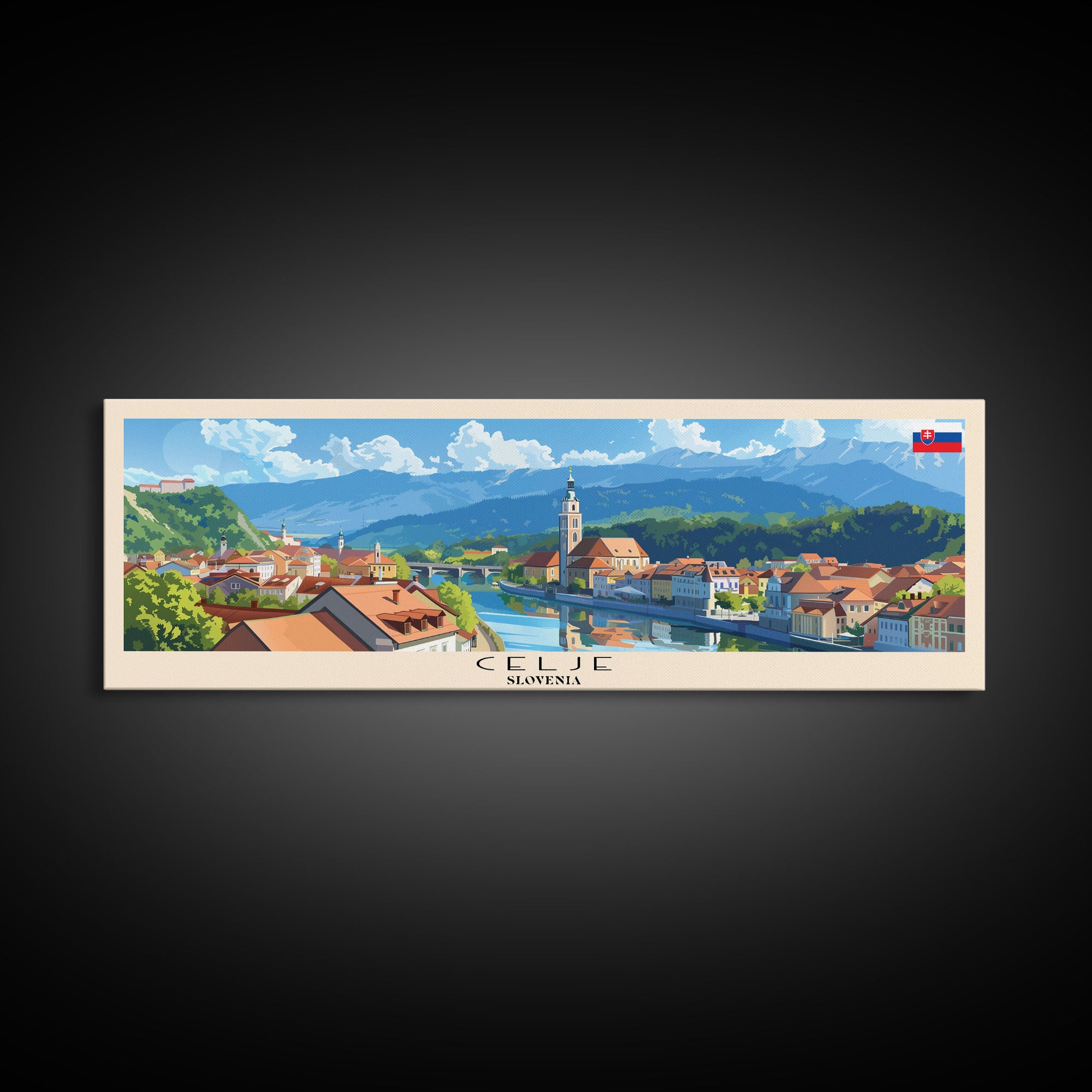 Celje Slovenia Panoramic Travel Poster, Framed Canvas Print or Metal Wall Art, Travel Art, Home Decor, Panoramic Painting, Midcentury Art