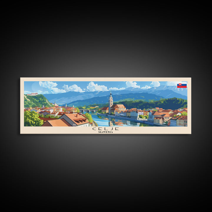 Celje Slovenia Panoramic Travel Poster, Framed Canvas Print or Metal Wall Art, Travel Art, Home Decor, Panoramic Painting, Midcentury Art