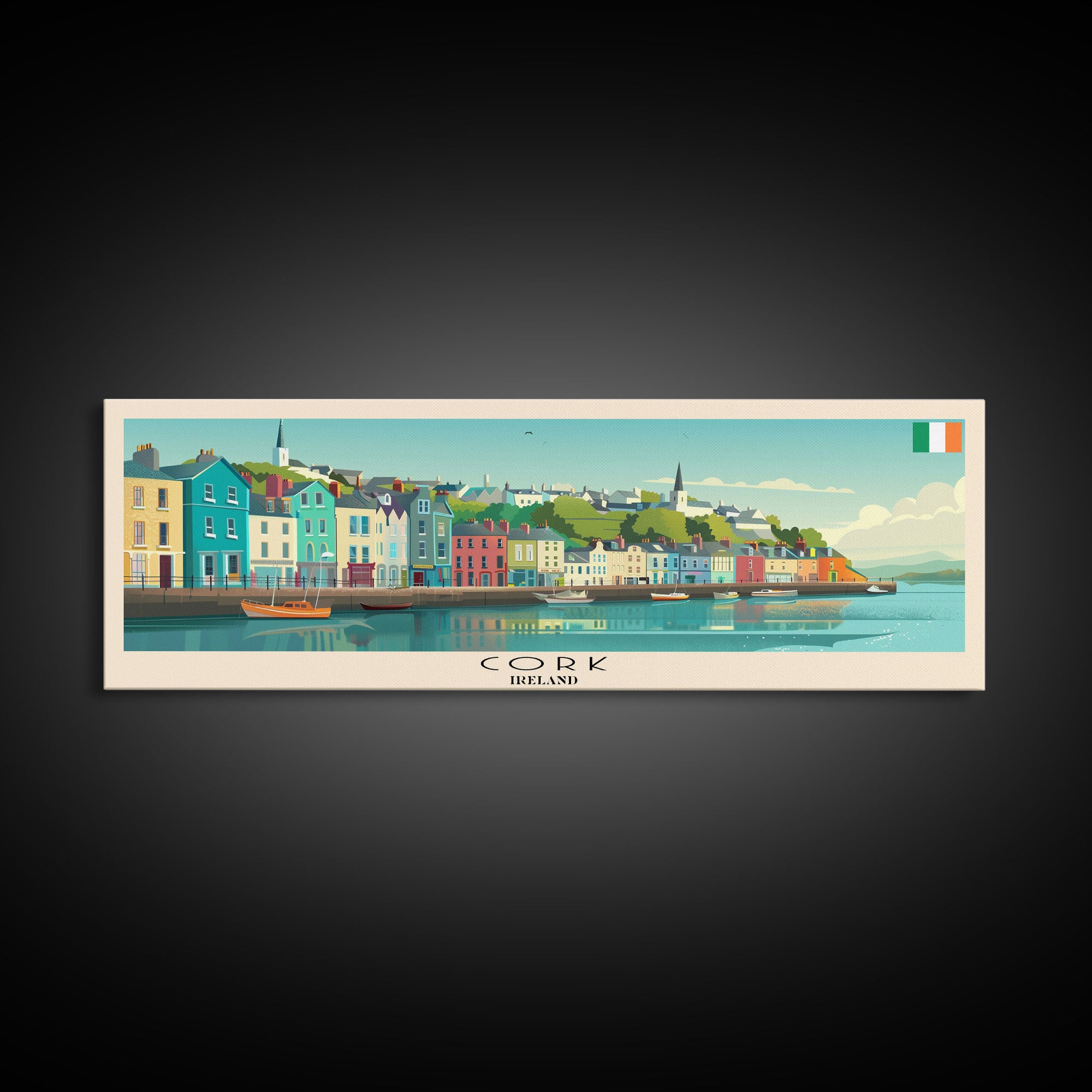 Cork Ireland Panoramic Travel Poster, Framed Canvas Print or Metal Wall Art, Travel Art, Home Decor, Panoramic Painting, Midcentury Art