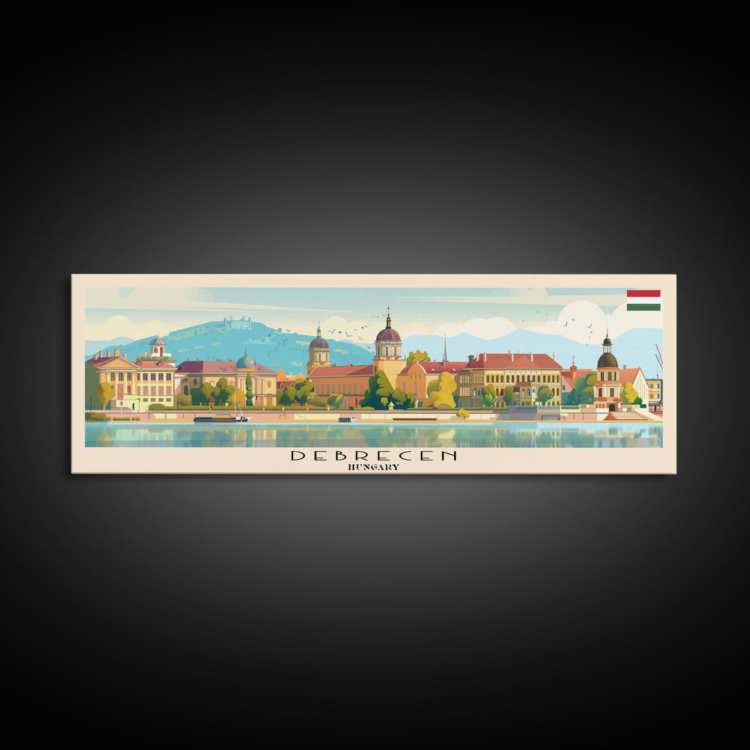 Debrecen Hungary Panoramic Travel Poster, Framed Canvas Print or Metal Wall Art, Travel Art, Home Decor, Panoramic Painting, Midcentury Art