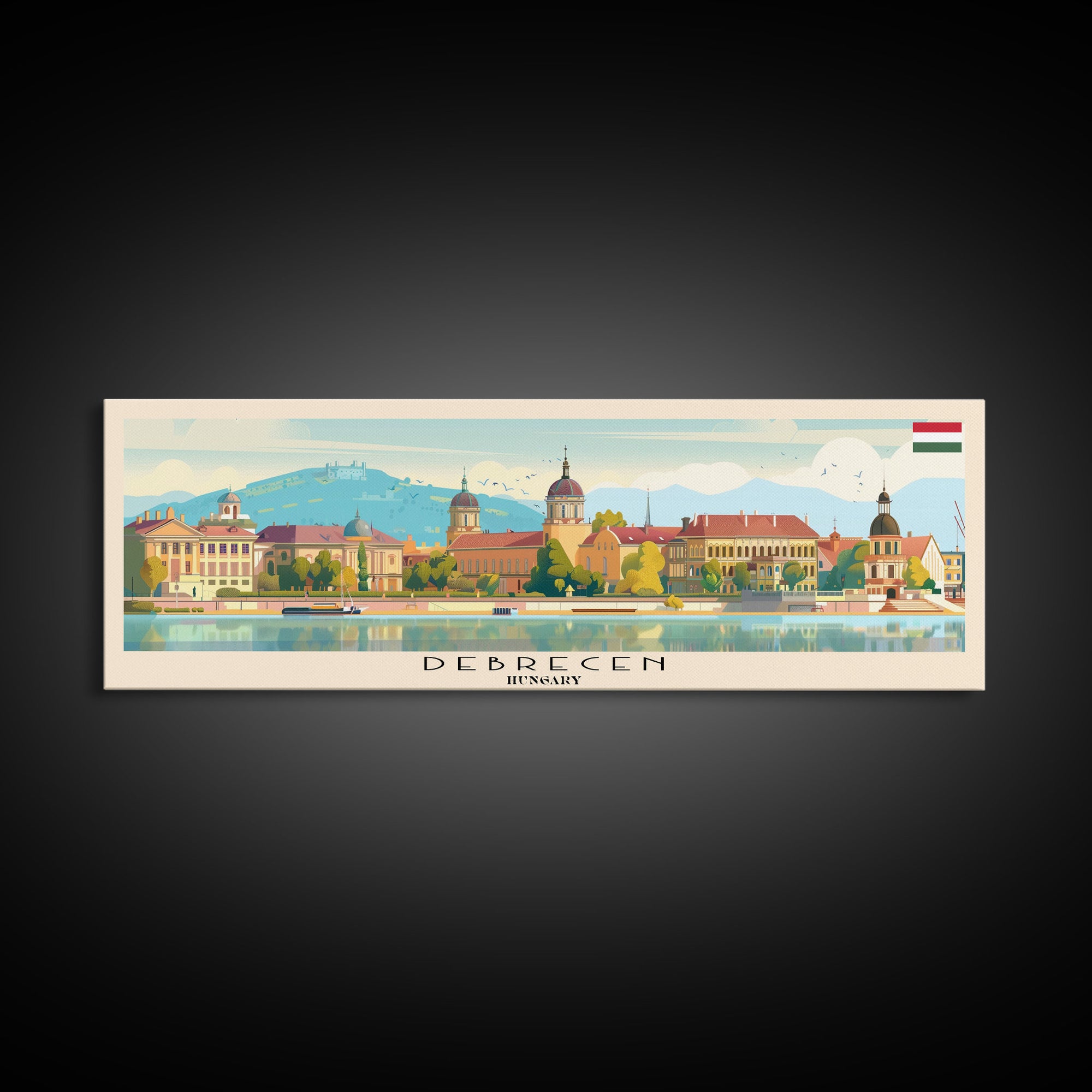 Debrecen Hungary Panoramic Travel Poster, Framed Canvas Print or Metal Wall Art, Travel Art, Home Decor, Panoramic Painting, Midcentury Art