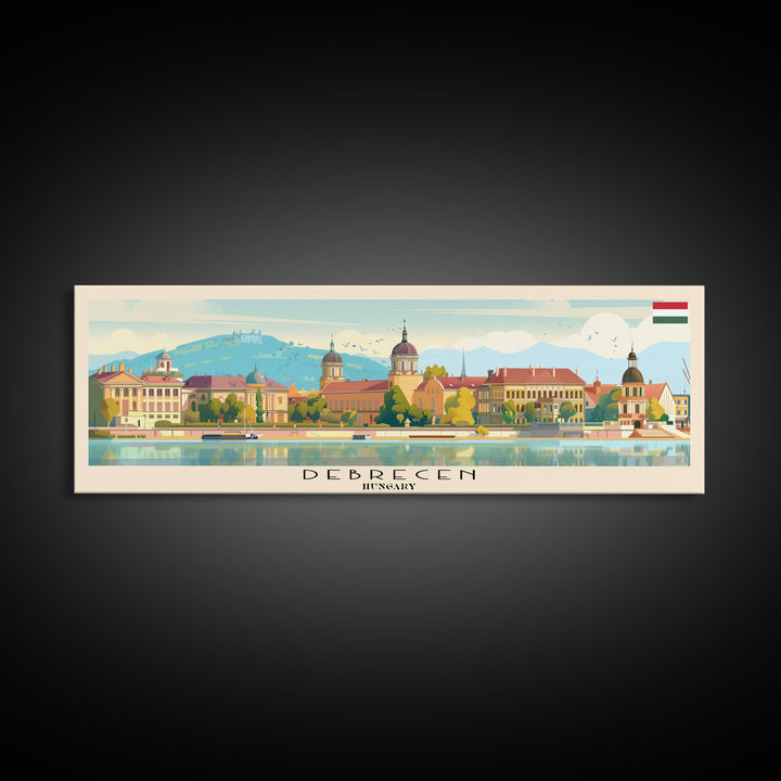 Debrecen Hungary Panoramic Travel Poster, Framed Canvas Print or Metal Wall Art, Travel Art, Home Decor, Panoramic Painting, Midcentury Art