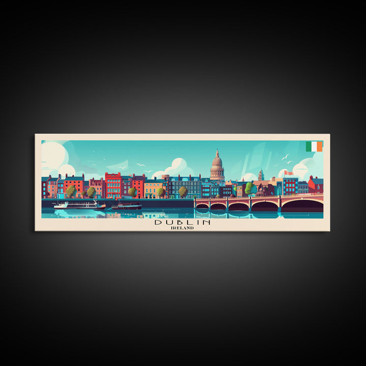 Dublin Ireland Panoramic Travel Poster, Framed Canvas Print or Metal Wall Art, Travel Art, Home Decor, Panoramic Painting, Midcentury Art
