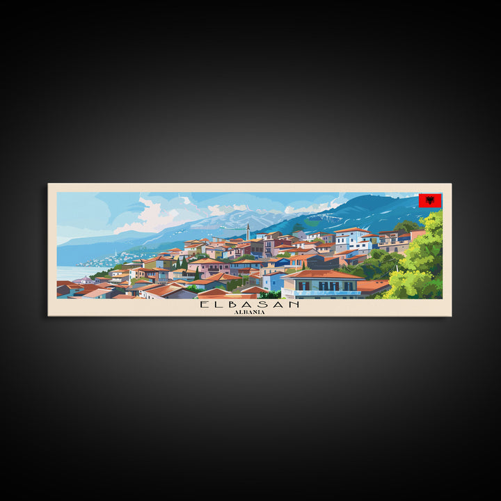 Elbasan Albania Travel Print Wall Art, Panoramic City Art, Travel Art, Wall Decor, Vacation Gift, Framed Canvas Print Or Metal Art