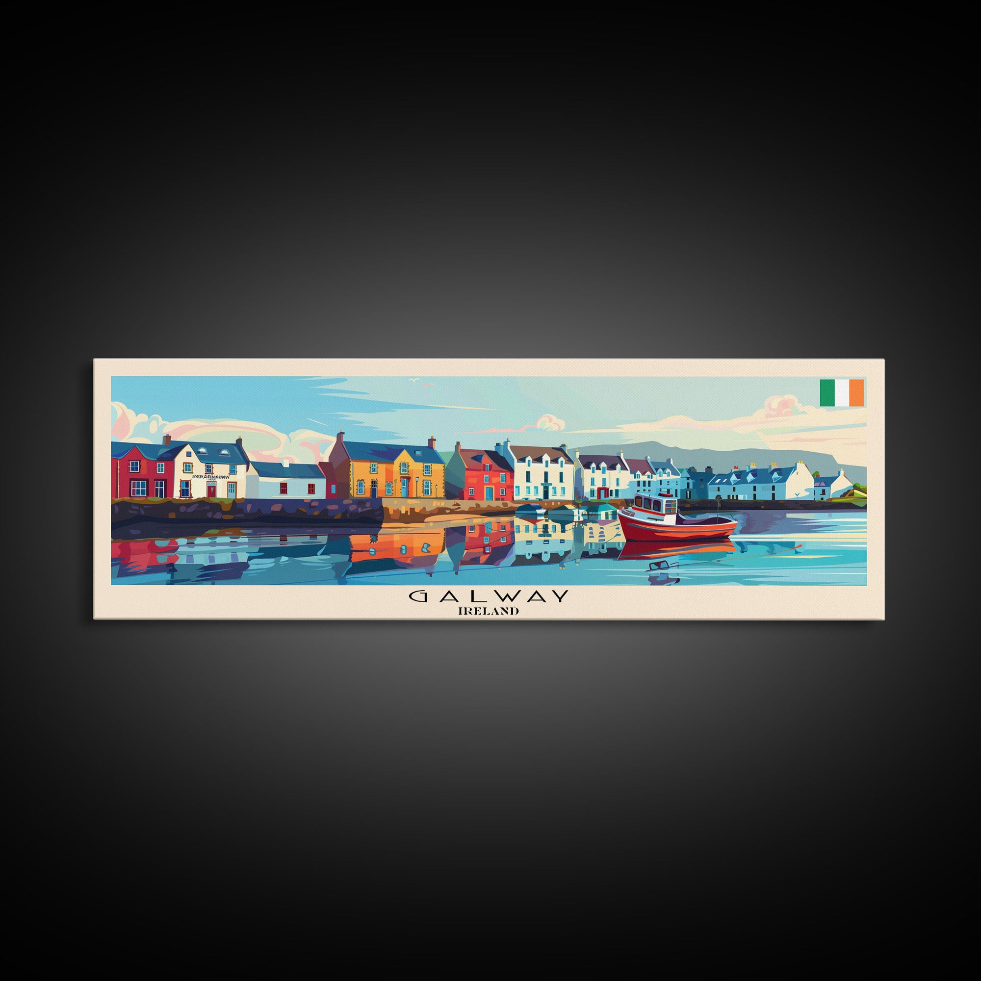 Galway Ireland Panoramic Travel Poster, Framed Canvas Print or Metal Wall Art, Travel Art, Home Decor, Panoramic Painting, Midcentury Art