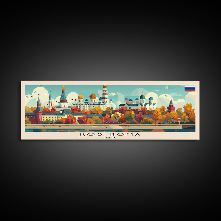Kostroma Russia Panoramic Travel Poster, Framed Canvas Print or Metal Wall Art, Travel Art, Home Decor, Panoramic Painting, Midcentury Art