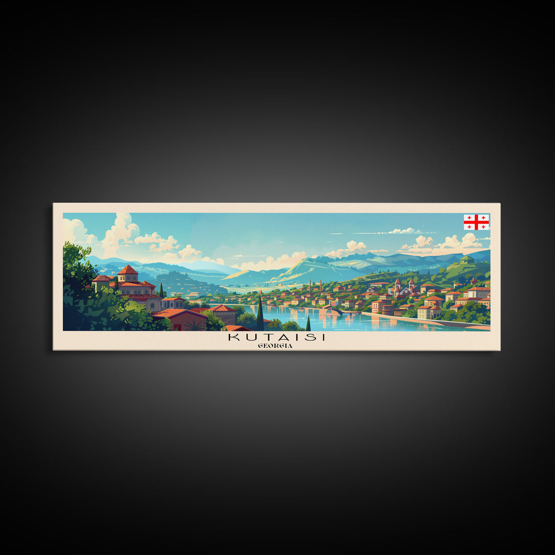 Kutaisi Georgia Panoramic Travel Poster, Framed Canvas Print or Metal Wall Art, Travel Art, Home Decor, Panoramic Painting, Midcentury Art