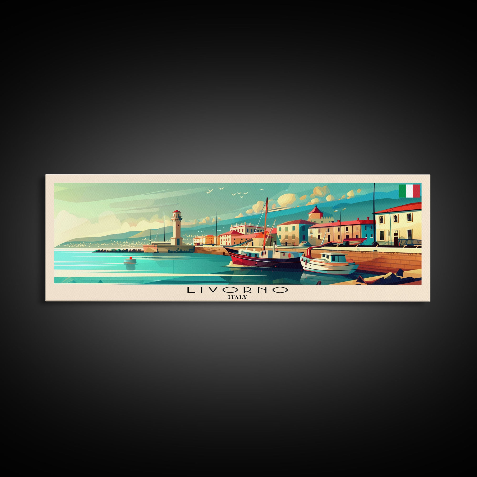Livorno Italy Panoramic Travel Poster, Framed Canvas Print or Metal Wall Art, Travel Art, Home Decor, Panoramic Painting, Midcentury Art
