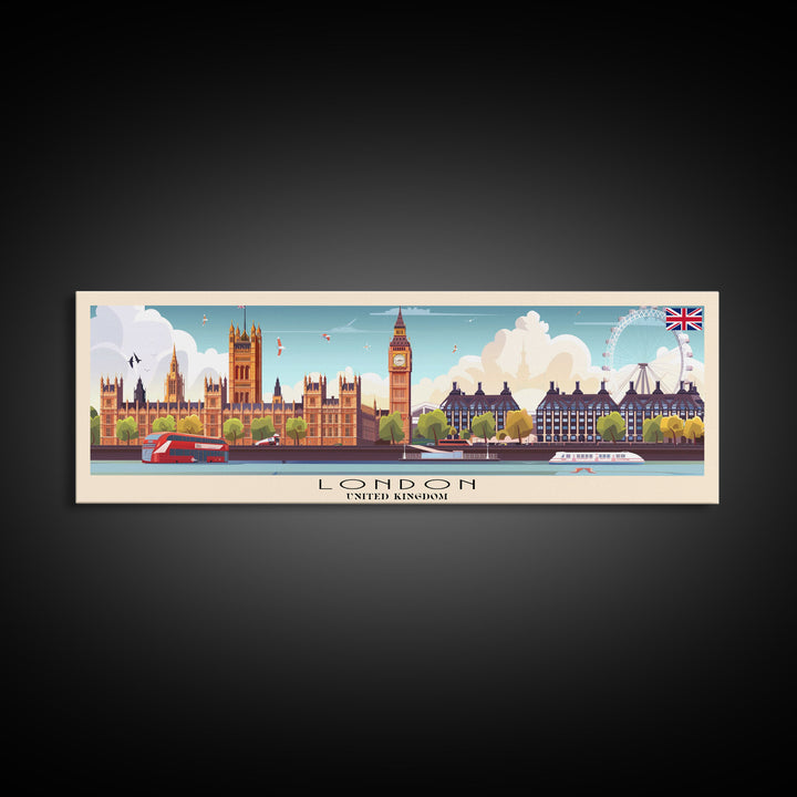 London United Kingdom Panoramic Travel Poster, Framed Canvas Print or Metal Wall Art, Travel Art, Home Decor, Panoramic Painting, Midcentury Art