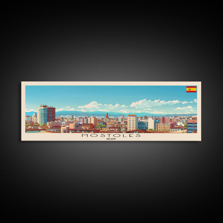 Mostoles Spain Panoramic Travel Poster, Framed Canvas Print or Metal Wall Art, Travel Art, Home Decor, Panoramic Painting, Midcentury Art