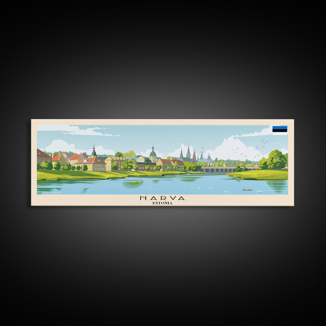 Narva Estonia Panoramic Travel Poster, Framed Canvas Print or Metal Wall Art, Travel Art, Home Decor, Panoramic Painting, Midcentury Art