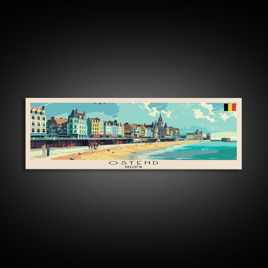 Ostend Belgium Panoramic Travel Poster, Framed Canvas Print or Metal Wall Art, Travel Art, Home Decor, Panoramic Painting, Midcentury Art