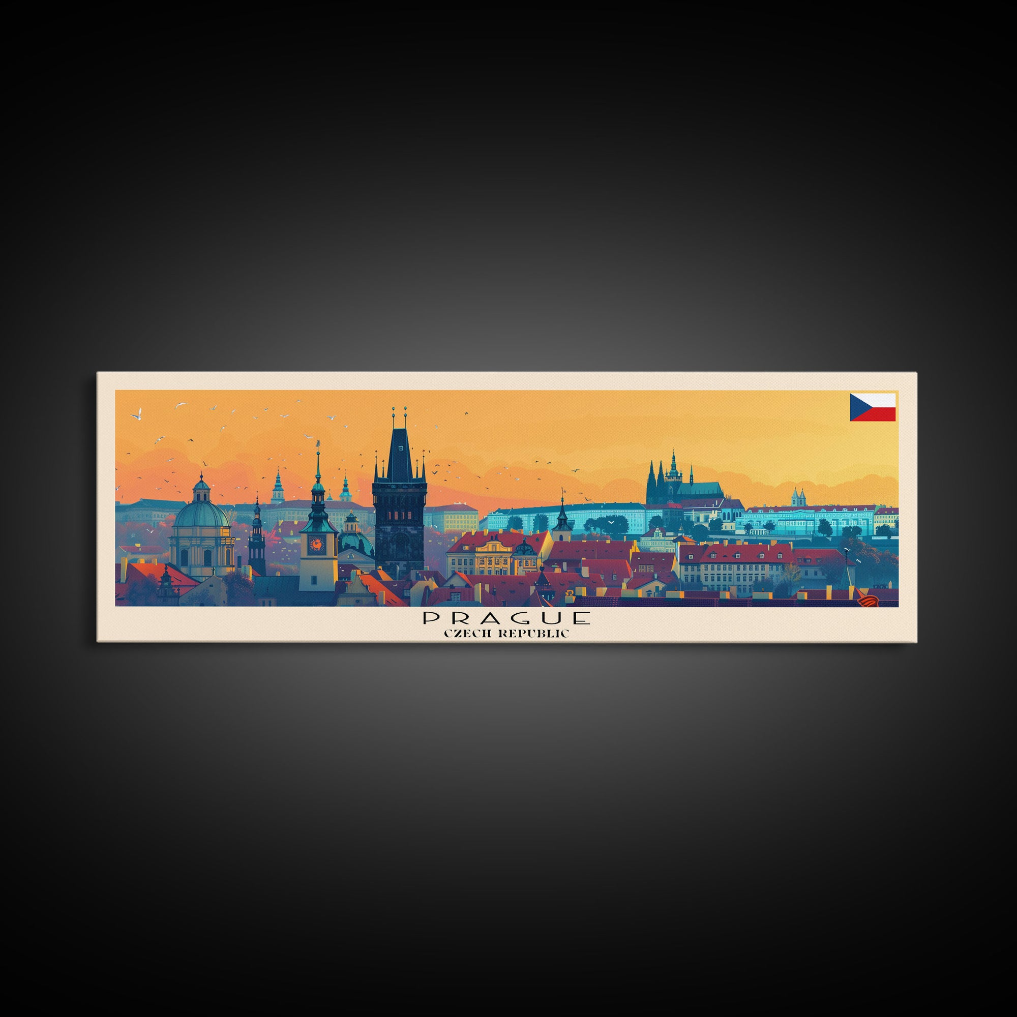 Prague Czech Republic Travel Art, City Art, Framed Canvas Print or Metal Wall Art, Europe Travel Poster, Panoramic Wall Art, Extra Wide Wall Art