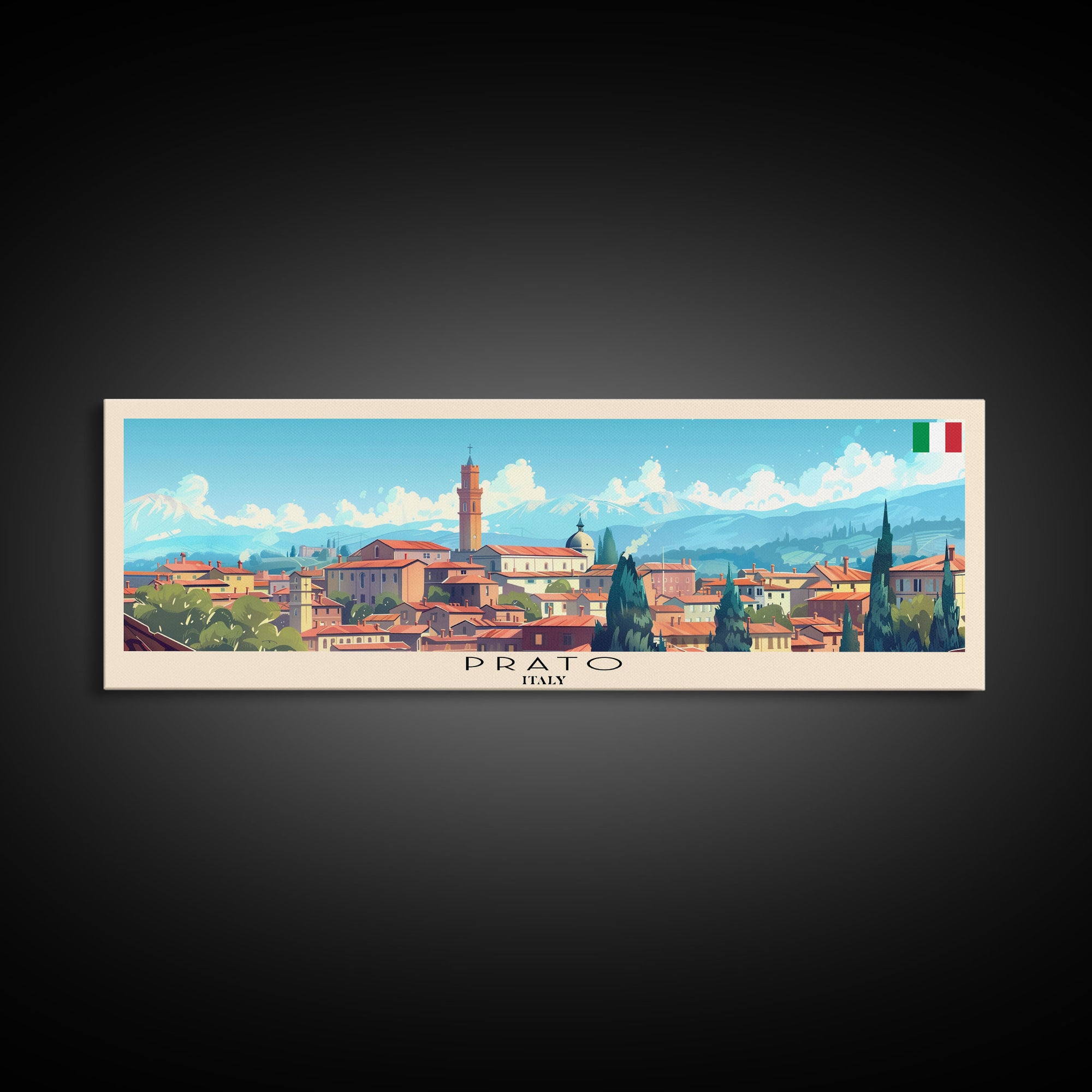 Prato Italy Panoramic Travel Poster, Framed Canvas Print or Metal Wall Art, Travel Art, Home Decor, Panoramic Painting, Midcentury Art