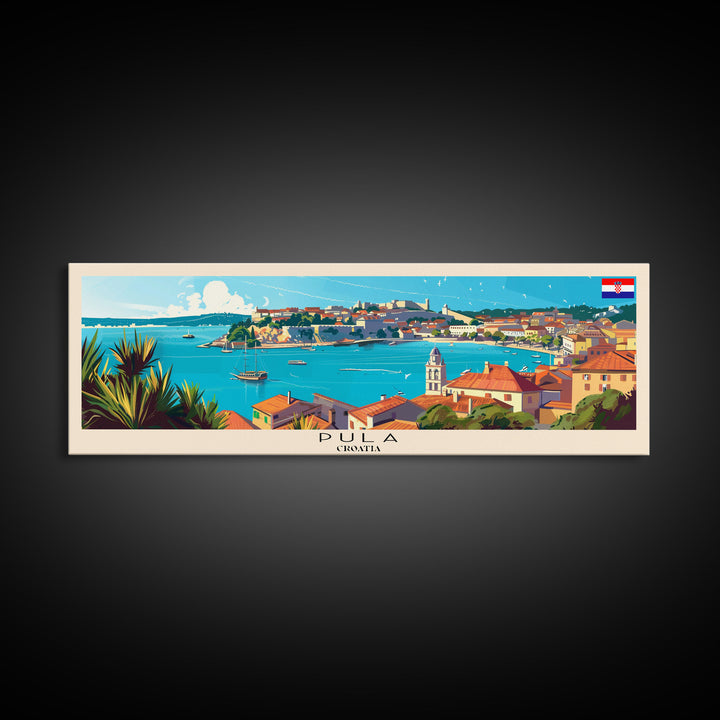 Pula Croatia Panoramic Travel Poster, Framed Canvas Print or Metal Wall Art, Travel Art, Home Decor, Panoramic Painting, Midcentury Art