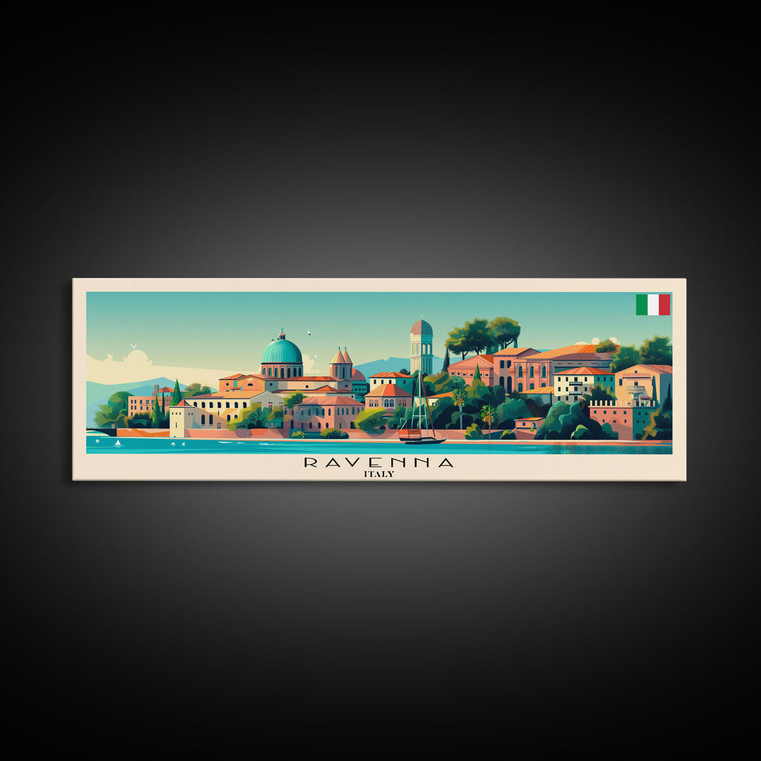 Ravenna Italy Panoramic Travel Poster, Framed Canvas Print or Metal Wall Art, Travel Art, Home Decor, Panoramic Painting, Midcentury Art