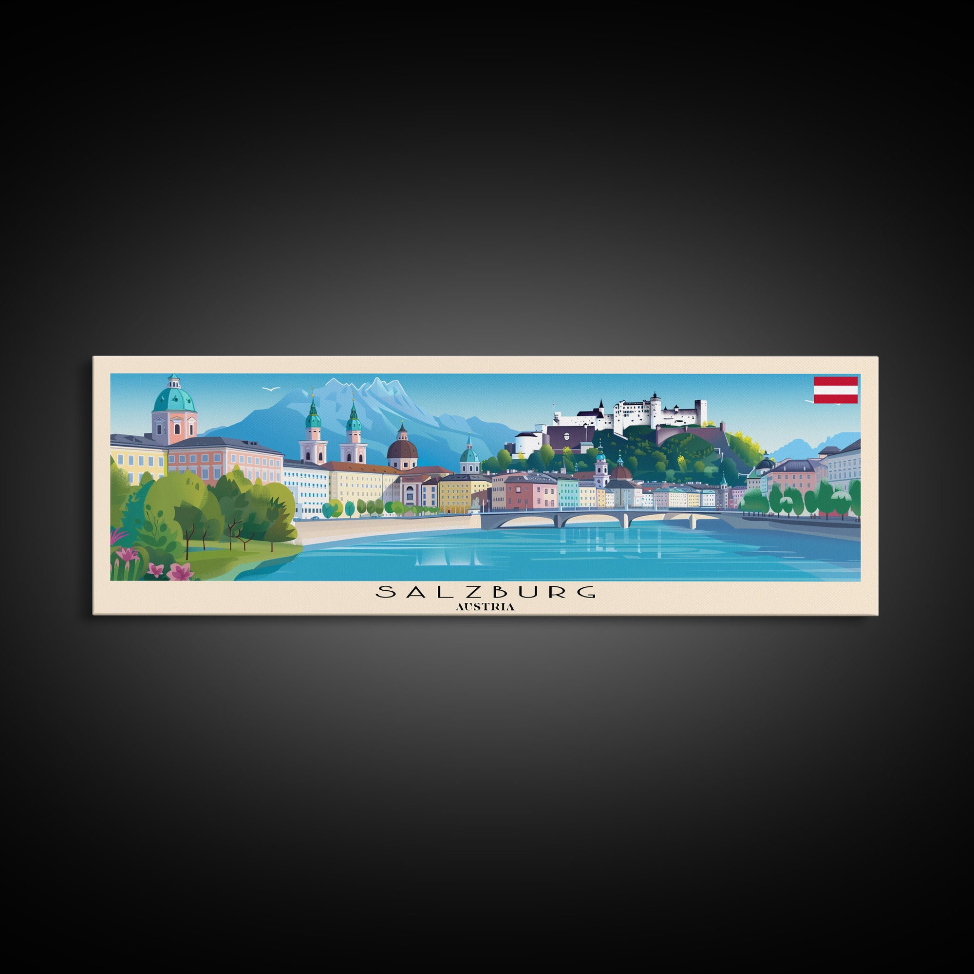 Salzburg Austria Panoramic Travel Poster, Framed Canvas Print or Metal Wall Art, Travel Art, Home Decor, Panoramic Painting, Midcentury Art