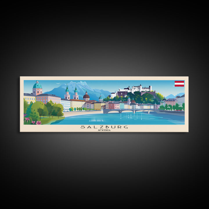 Salzburg Austria Panoramic Travel Poster, Framed Canvas Print or Metal Wall Art, Travel Art, Home Decor, Panoramic Painting, Midcentury Art