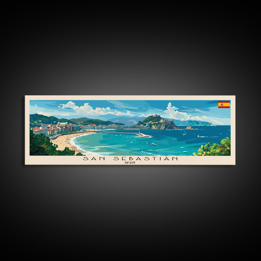 San Sebastian Spain Panoramic Travel Poster, Framed Canvas Print or Metal Wall Art, Travel Art, Home Decor, Panoramic Painting, Midcentury Art