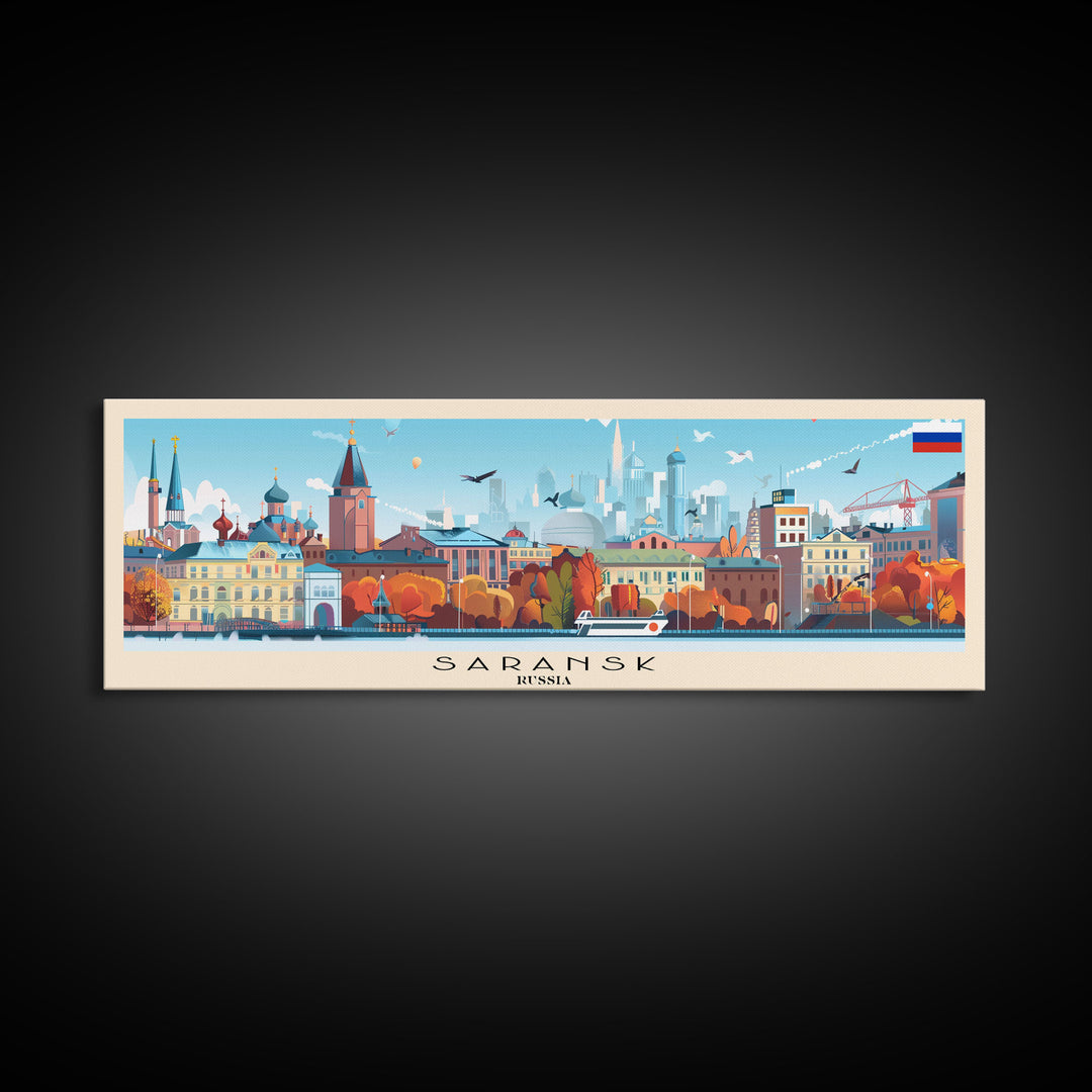 Saransk Russia Panoramic Travel Poster, Framed Canvas Print or Metal Wall Art, Travel Art, Home Decor, Panoramic Painting, Midcentury Art