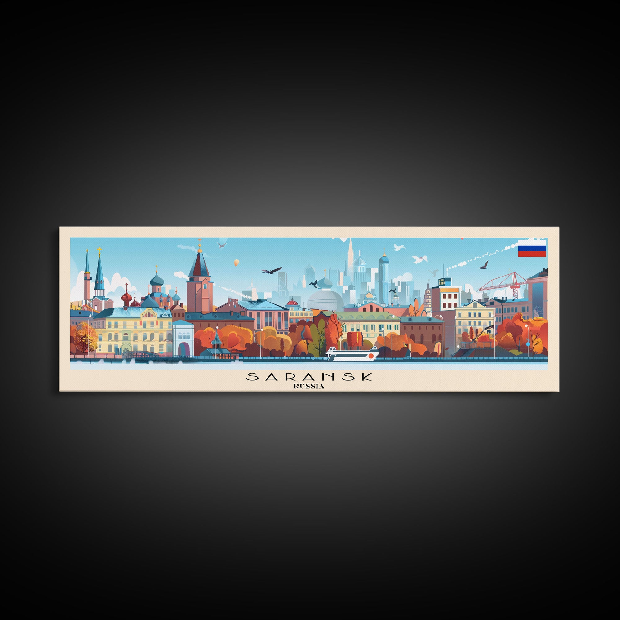 Saransk Russia Panoramic Travel Poster, Framed Canvas Print or Metal Wall Art, Travel Art, Home Decor, Panoramic Painting, Midcentury Art