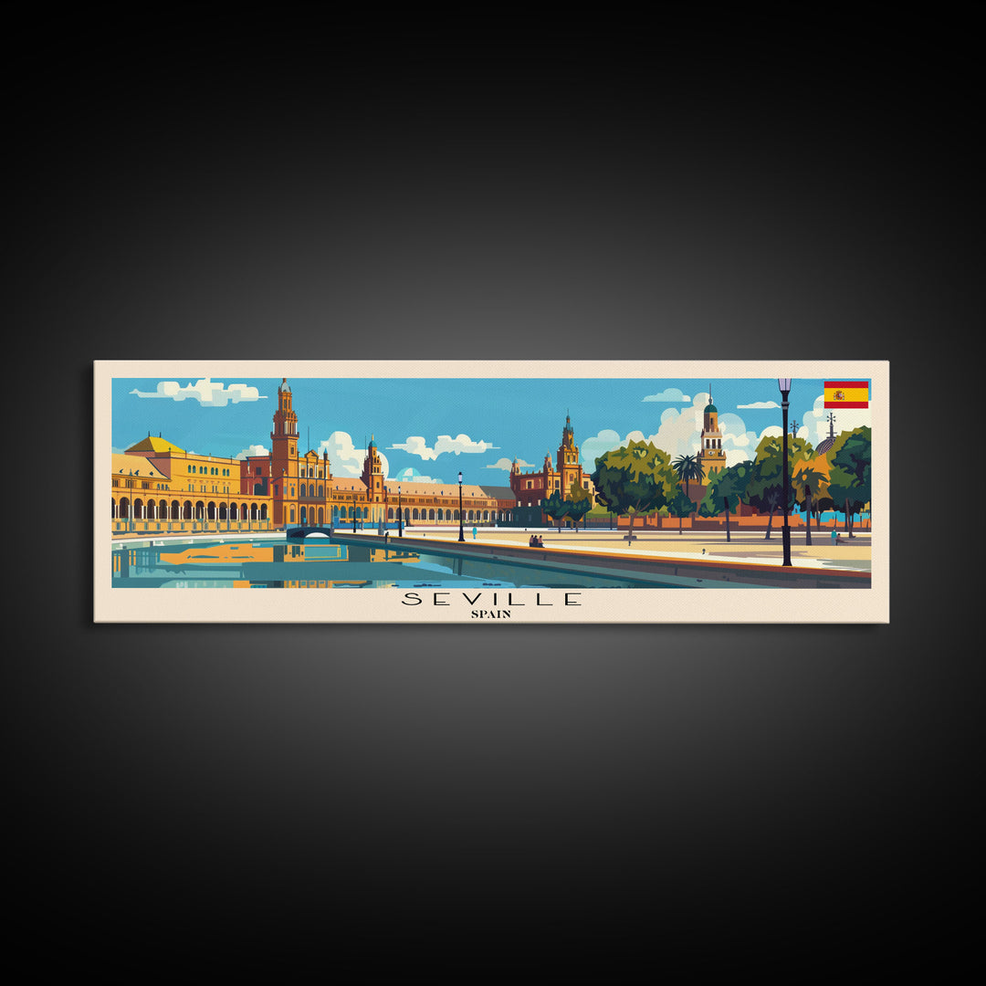 Seville Spain Panoramic Travel Poster, Framed Canvas Print or Metal Wall Art, Travel Art, Home Decor, Panoramic Painting, Midcentury Art