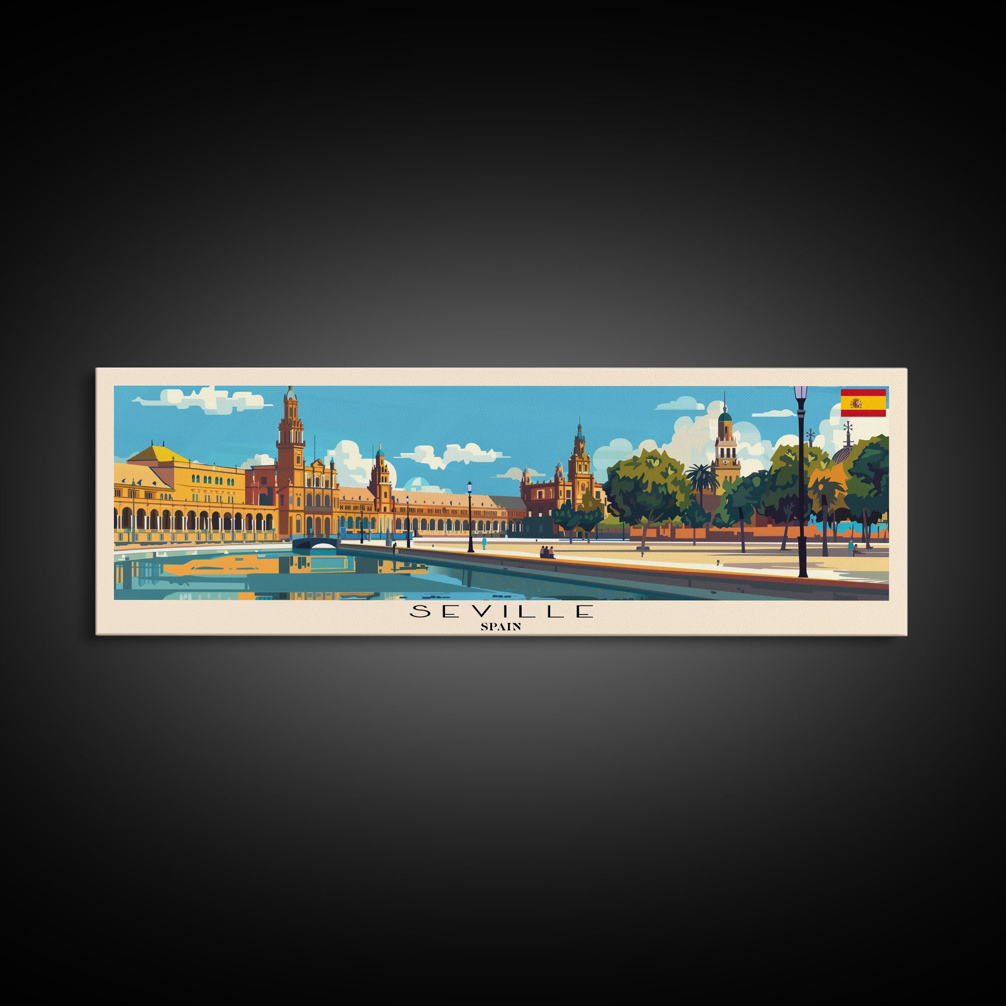 Seville Spain Panoramic Travel Poster, Framed Canvas Print or Metal Wall Art, Travel Art, Home Decor, Panoramic Painting, Midcentury Art