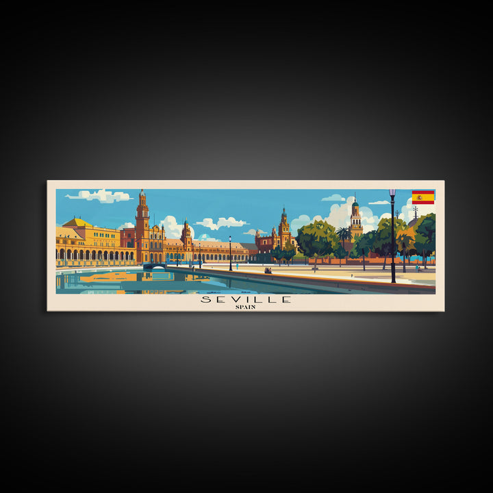 Seville Spain Panoramic Travel Poster, Framed Canvas Print or Metal Wall Art, Travel Art, Home Decor, Panoramic Painting, Midcentury Art