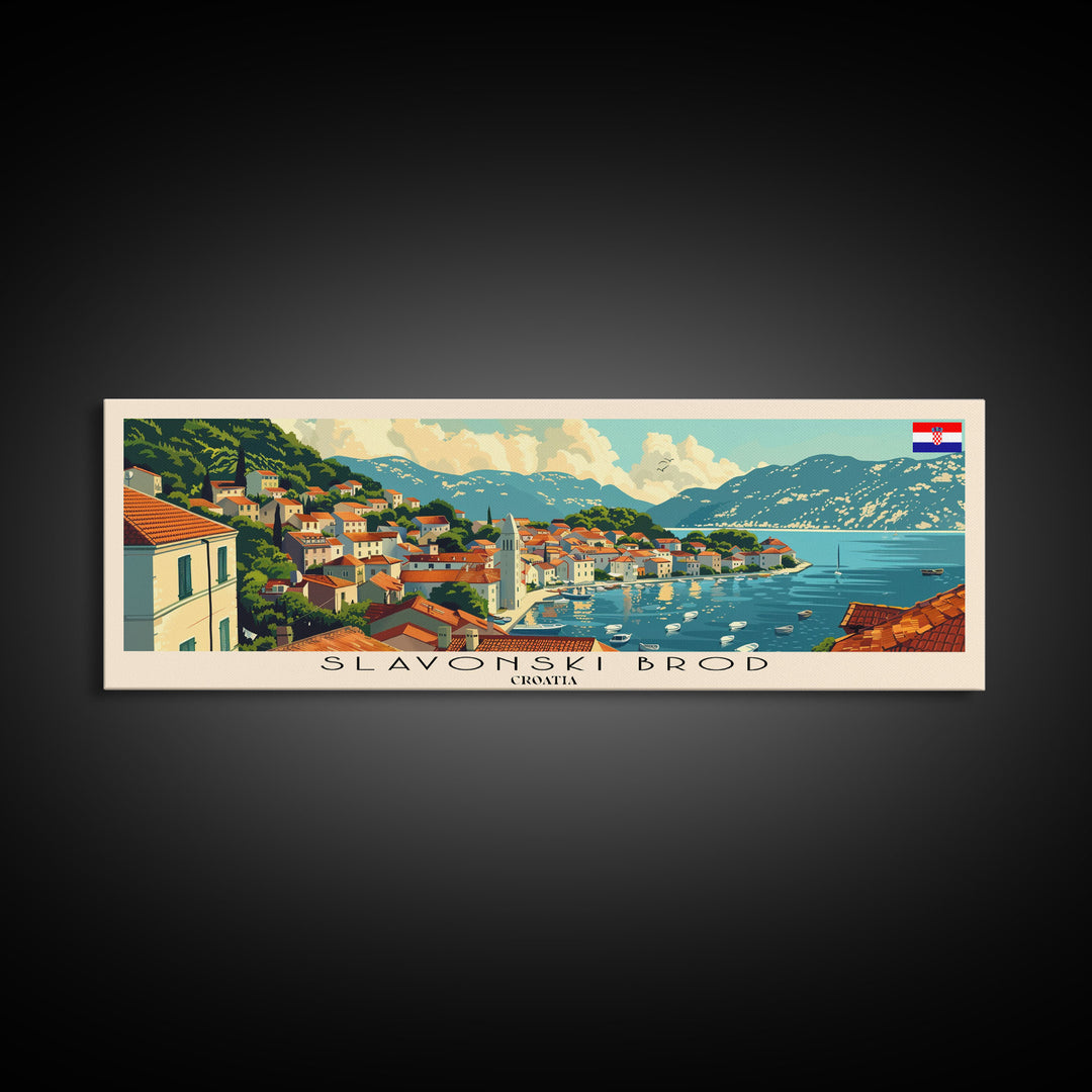 Slavonski Brod Croatia Panoramic Travel Poster, Framed Canvas Print or Metal Wall Art, Travel Art, Home Decor, Panoramic Painting, Midcentury Art