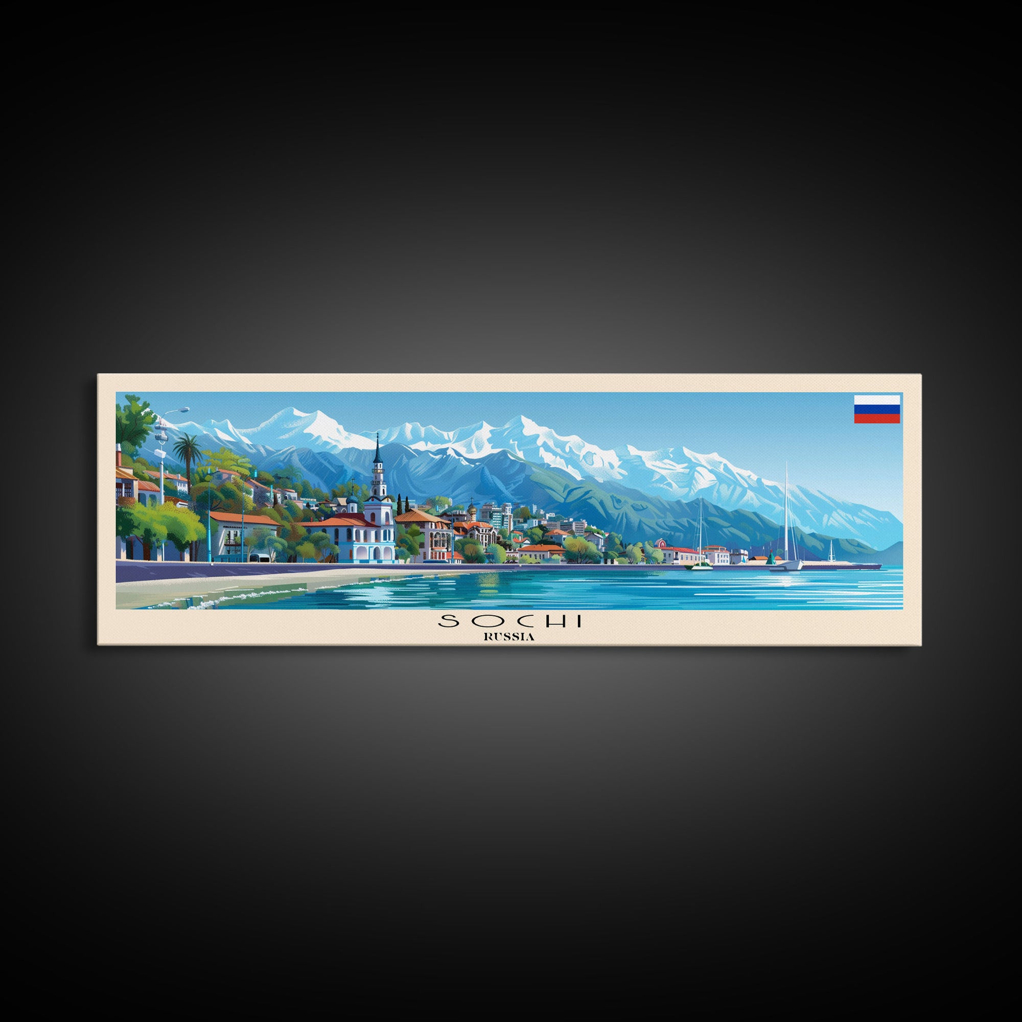 Sochi Russia Panoramic Travel Poster, Framed Canvas Print or Metal Wall Art, Travel Art, Home Decor, Panoramic Painting, Midcentury Art