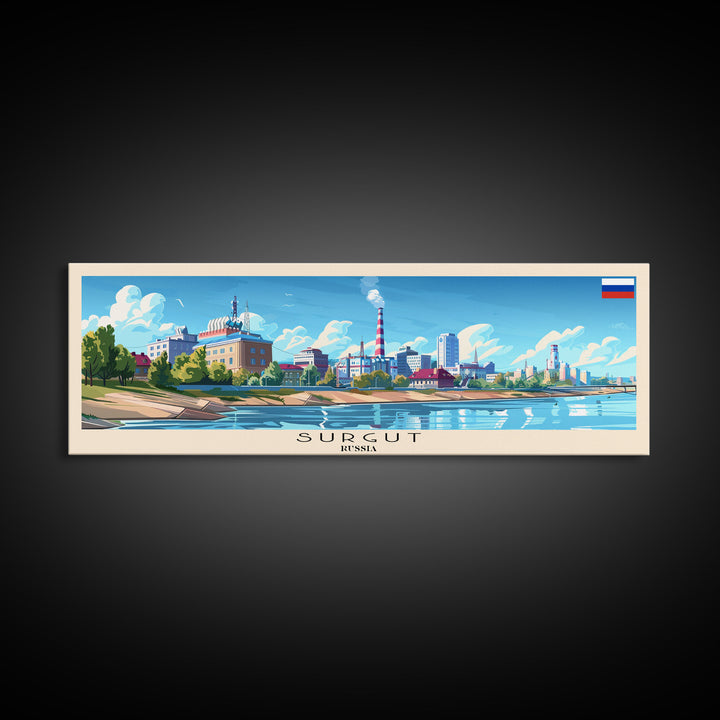 Surgut Russia Panoramic Travel Poster, Framed Canvas Print or Metal Wall Art, Travel Art, Home Decor, Panoramic Painting, Midcentury Art
