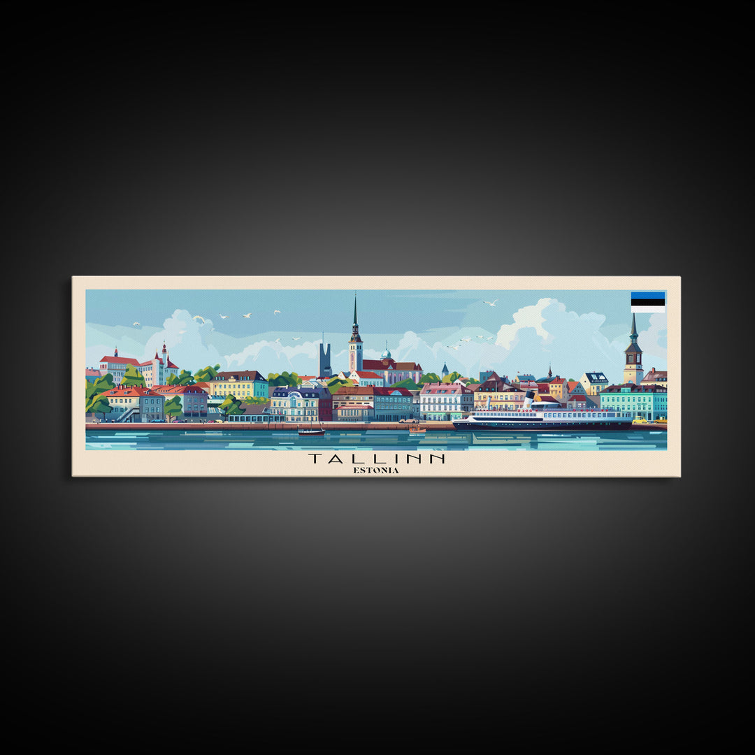 Tallinn Estonia Panoramic Travel Poster, Framed Canvas Print or Metal Wall Art, Travel Art, Home Decor, Panoramic Painting, Midcentury Art