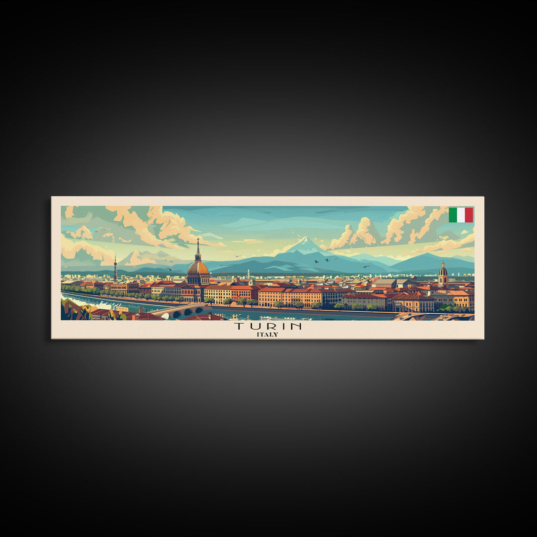 Turin Italy Panoramic Travel Poster, Framed Canvas Print or Metal Wall Art, Travel Art, Home Decor, Panoramic Painting, Midcentury Art