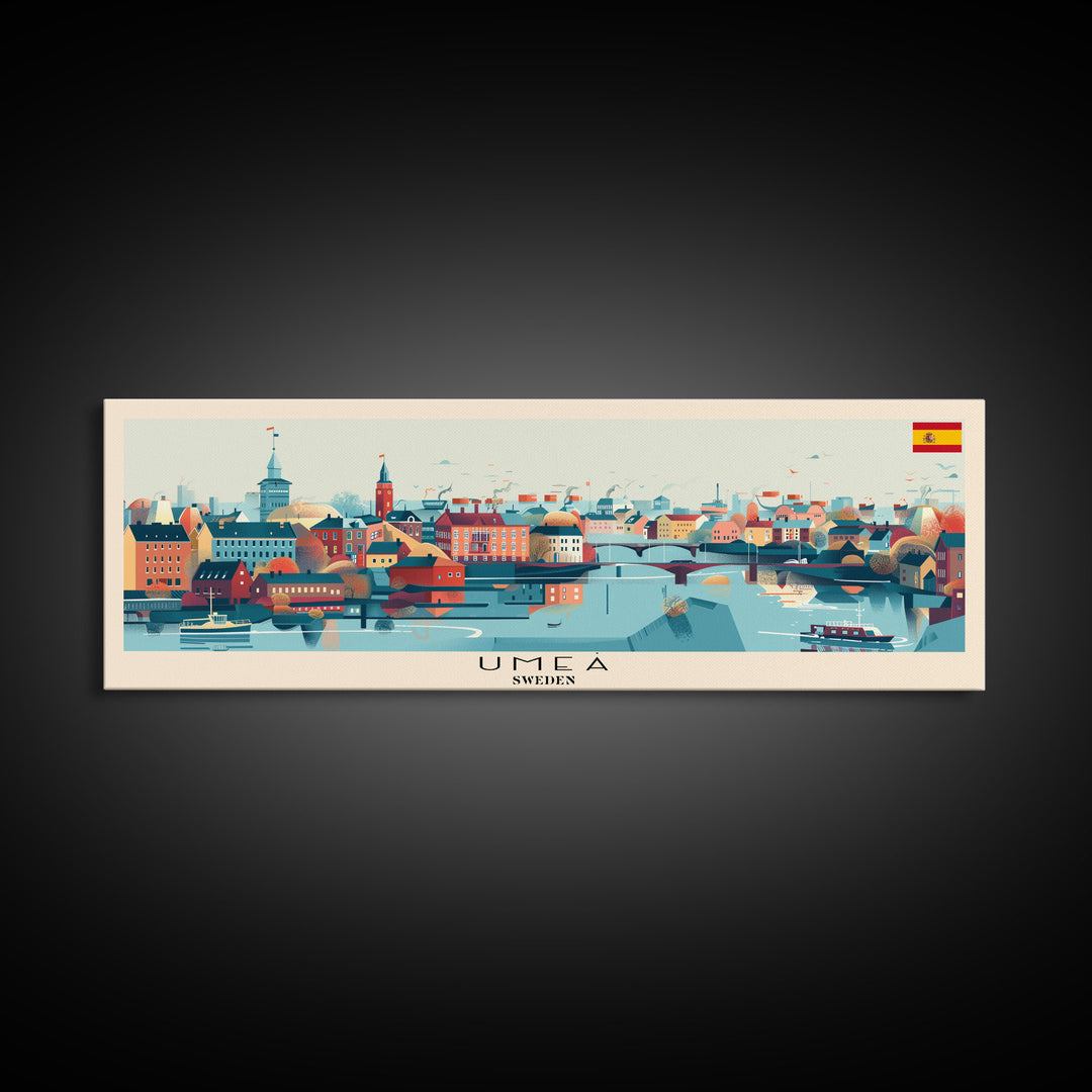 Ume Sweden Panoramic Travel Poster, Framed Canvas Print or Metal Wall Art, Travel Art, Home Decor, Panoramic Painting, Midcentury Art
