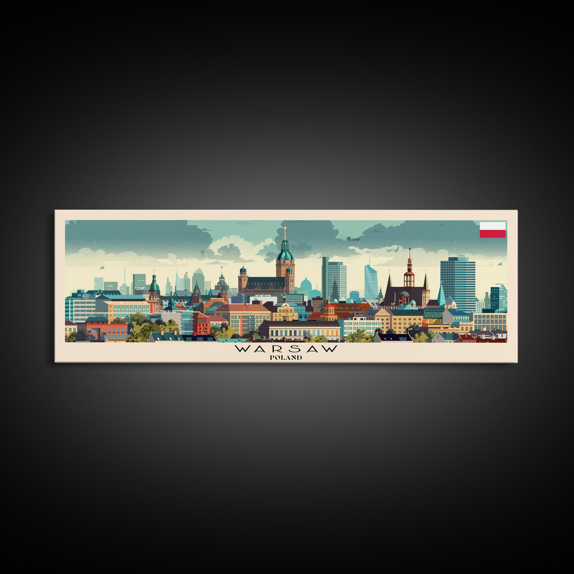 Warsaw Poland Travel Art, City Art, Framed Canvas Print or Metal Wall Art, Europe Travel Poster, Panoramic Wall Art, Extra Wide Wall Art