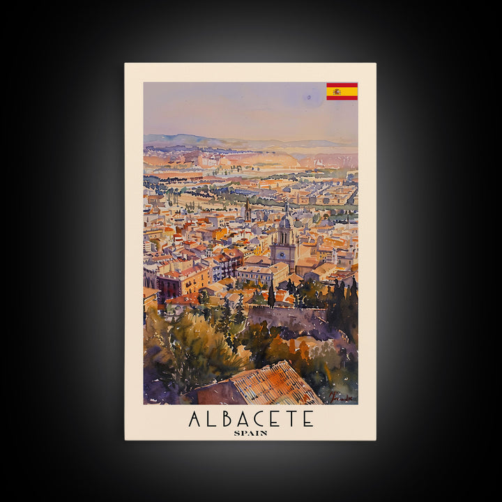 Albacete Spain Skyline Travel Poster Art, Framed Canvas Print, Vibrant Wall Art for Living Room, Bedroom Decor, Home Decoration
