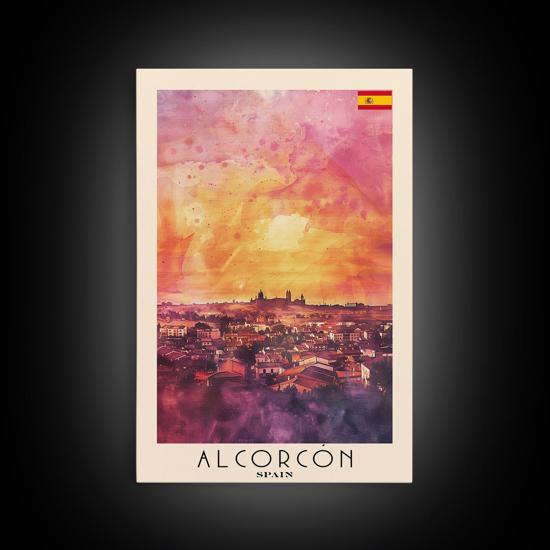 Alcorcón Spain Sunset Skyline Travel Poster Art, Framed Canvas Print, Beautiful Wall Art for Living Room or Bedroom, Home Decoration