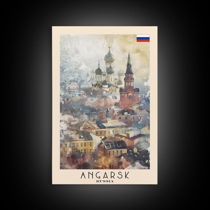 Beautiful Angarsk Skyline, Framed Canvas Print, Unique Travel Poster Art, Living Room Wall Decor, Minimalist Style, Watercolor Painting