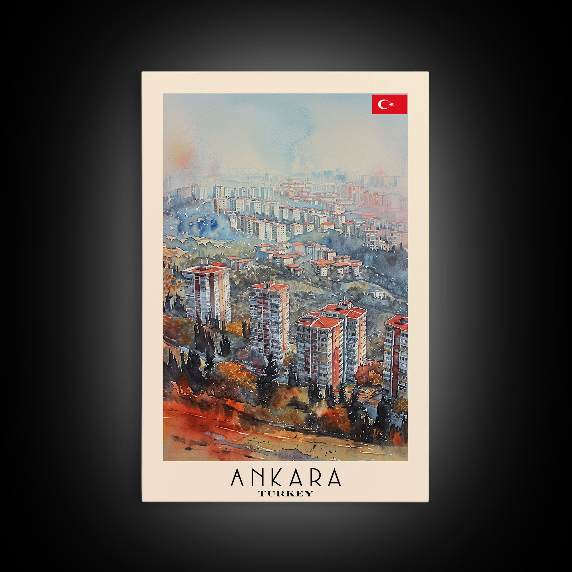 Modern Ankara Cityscape, Framed Canvas Print, Perfect for Living Room Art, Travel Poster, Minimalist Home Decor, Watercolor Art