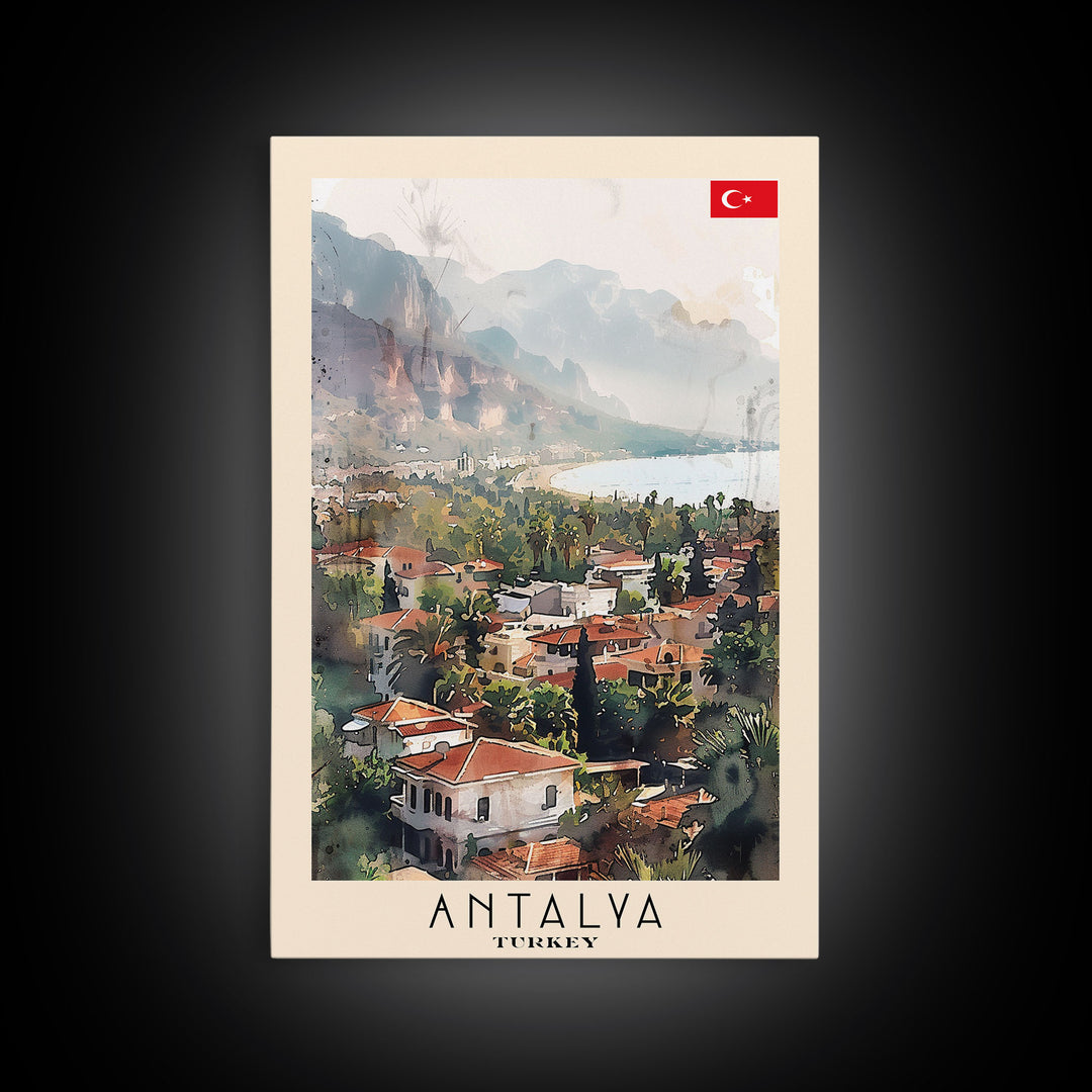 Picturesque Antalya Coastline, Framed Canvas Print, Ideal for Living Room Art, Travel Poster, Boho Wall Decor, Watercolor Art